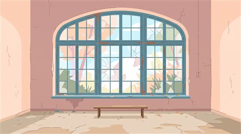 Minimal flat illustration of abandoned building interior with broken windows, centered subject with a simple uncluttered composition, soft pastel colors, bright and cozy, 16:9 aspect ratio