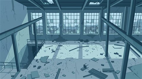 Minimal flat illustration of abandoned building interior with broken windows, high-angle view from above, cool blue tones, quiet atmosphere, 16:9 aspect ratio