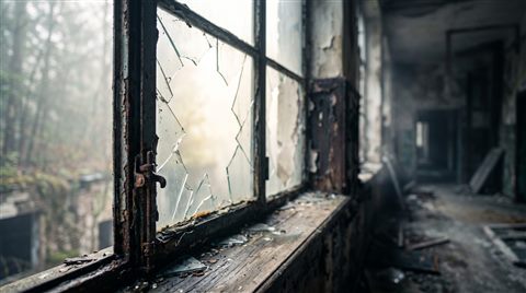 Cinematic film still of abandoned building interior with broken windows, close-up detail with shallow depth of field, misty morning haze, dreamy, 16:9 aspect ratio