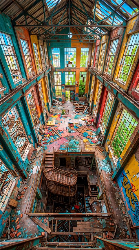 Soft 3d render of abandoned building interior with broken windows, high-angle view from above, vivid colors, high contrast, energetic, 9:16 aspect ratio