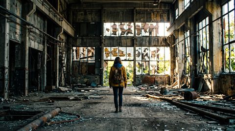 Cinematic film still of abandoned building interior with broken windows, centered subject with a simple uncluttered composition, vivid colors, high contrast, energetic, 16:9 aspect ratio