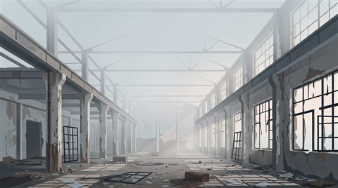 Minimal flat illustration of abandoned building interior with broken windows, wide shot with open space at the top for text, misty morning haze, dreamy, 16:9 aspect ratio