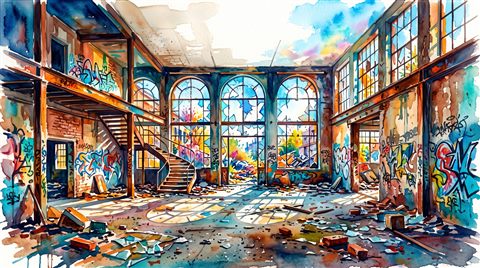 Watercolor illustration of abandoned building interior with broken windows, wide shot with open space at the top for text, vivid colors, high contrast, energetic, 16:9 aspect ratio