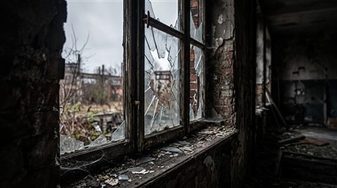 Soft 3d render of abandoned building interior with broken windows, close-up detail with shallow depth of field, moody dark tones, dramatic lighting, 16:9 aspect ratio