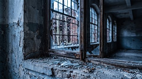 Photorealistic photo of abandoned building interior with broken windows, close-up detail with shallow depth of field, cool blue tones, quiet atmosphere, 16:9 aspect ratio