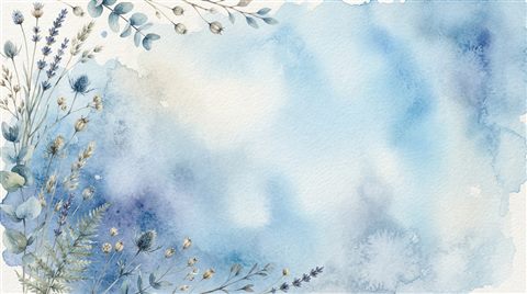 Watercolor texture design of soft aesthetic background with dried flowers at the edge and empty space, simple balanced layout, cool blue tones, quiet atmosphere, 16:9 aspect ratio