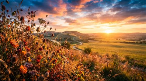 Soft photorealistic background photo of soft aesthetic background with dried flowers at the edge and empty space, simple balanced layout, vivid colors, high contrast, energetic, 16:9 aspect ratio