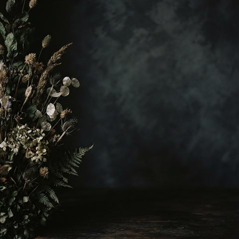 Soft photorealistic background photo of soft aesthetic background with dried flowers at the edge and empty space, simple balanced layout, moody dark tones, dramatic lighting, 1:1 aspect ratio