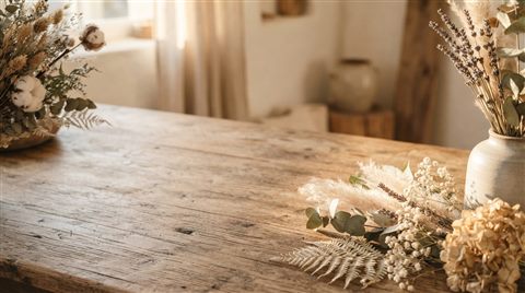 Soft photorealistic background photo of soft aesthetic background with dried flowers at the edge and empty space, simple balanced layout, warm golden light, calm mood, 16:9 aspect ratio