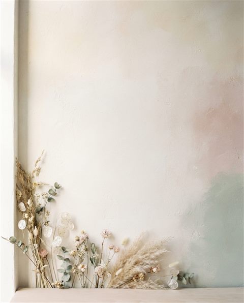 Minimal abstract design of soft aesthetic background with dried flowers at the edge and empty space, simple balanced layout, soft pastel colors, bright and cozy, 4:5 aspect ratio