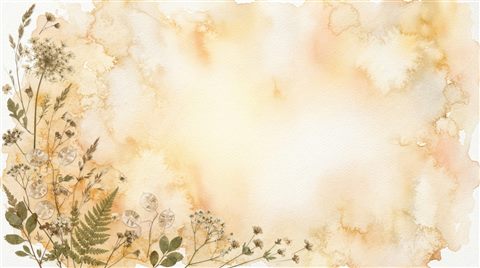 Watercolor texture design of soft aesthetic background with dried flowers at the edge and empty space, simple balanced layout, warm golden light, calm mood, 16:9 aspect ratio