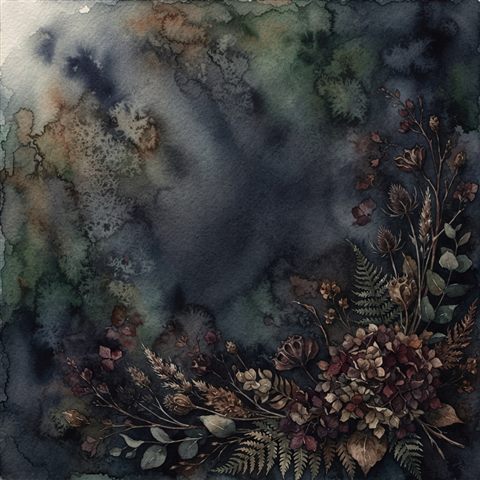 Watercolor texture design of soft aesthetic background with dried flowers at the edge and empty space, simple balanced layout, moody dark tones, dramatic lighting, 1:1 aspect ratio