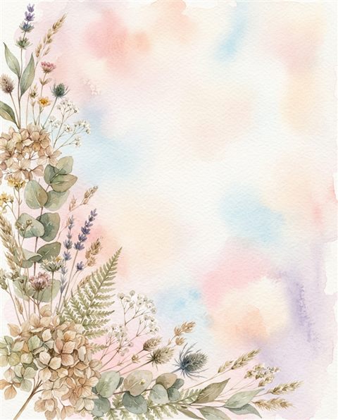 Watercolor texture design of soft aesthetic background with dried flowers at the edge and empty space, simple balanced layout, soft pastel colors, bright and cozy, 4:5 aspect ratio
