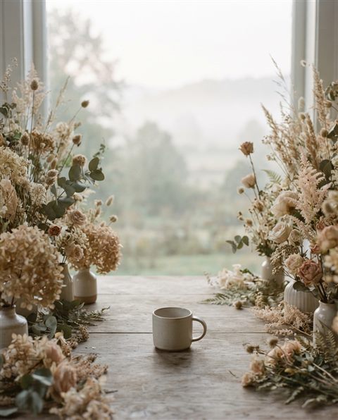 Soft photorealistic background photo of soft aesthetic background with dried flowers at the edge and empty space, simple balanced layout, misty morning haze, dreamy, 4:5 aspect ratio
