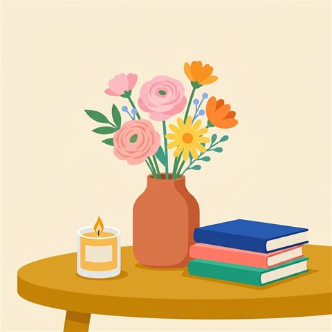 꽃과 책, 촛불이 있는 감성 정물, 미니멀 플랫 일러스트, 단순하고 깔끔한 구도 가운데 놓인 피사체, 선명한 색감, 강한 대비, 생동감 있는 분위기, 1:1 비율
