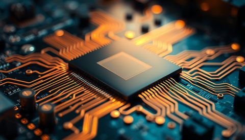 Photorealistic photo of Close-up of an advanced microchip with glowing neon circuit pathways on a dark motherboard, close-up detail with shallow depth of field, warm golden light, calm mood, 16:9 aspect ratio