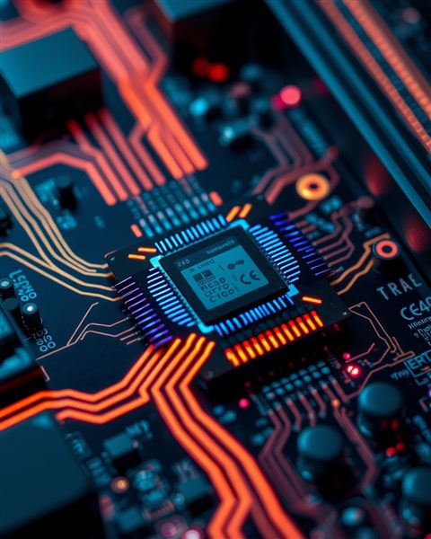 Cinematic film still of Close-up of an advanced microchip with glowing neon circuit pathways on a dark motherboard, centered subject with a simple uncluttered composition, vivid colors, high contrast, energetic, 4:5 aspect ratio