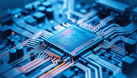 Watercolor illustration of Close-up of an advanced microchip with glowing neon circuit pathways on a dark motherboard, wide shot with open space at the top for text, cool blue tones, quiet atmosphere, 16:9 aspect ratio