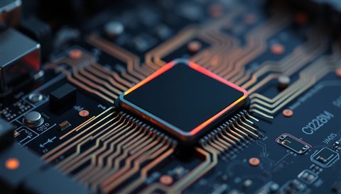 Minimal flat illustration of Close-up of an advanced microchip with glowing neon circuit pathways on a dark motherboard, close-up detail with shallow depth of field, soft pastel colors, bright and cozy, 16:9 aspect ratio