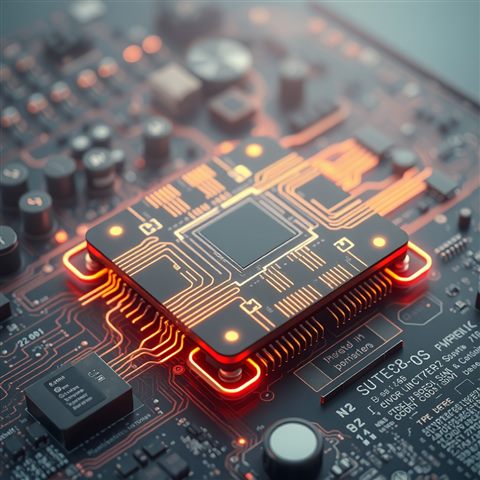 Soft 3D render of Close-up of an advanced microchip with glowing neon circuit pathways on a dark motherboard, high-angle view from above, misty morning haze, dreamy, 1:1 aspect ratio