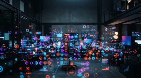 Photorealistic photo of A vibrant digital interface displaying various colorful vector icons and abstract graphic elements floating in a modern studio setting, wide shot with open space at the top for text, moody dark tones, dramatic lighting, 16:9 aspect ratio