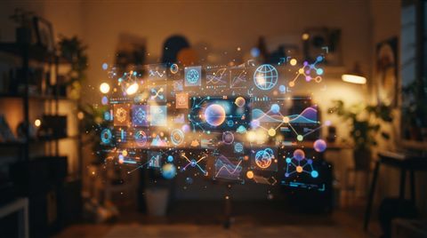 Photorealistic photo of A vibrant digital interface displaying various colorful vector icons and abstract graphic elements floating in a modern studio setting, close-up detail with shallow depth of field, warm golden light, calm mood, 16:9 aspect ratio
