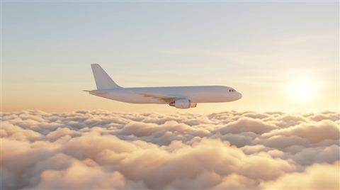 Soft 3d render of an airplane flying above the clouds, centered subject with a simple uncluttered composition, warm golden light, calm mood, 16:9 aspect ratio
