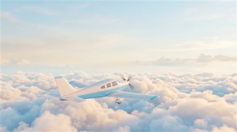 Soft 3d render of an airplane flying above the clouds, wide shot with open space at the top for text, soft pastel colors, bright and cozy, 16:9 aspect ratio
