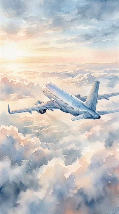 Watercolor illustration of an airplane flying above the clouds, close-up detail with shallow depth of field, misty morning haze, dreamy, 9:16 aspect ratio