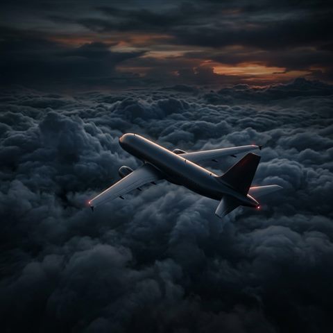 Soft 3d render of an airplane flying above the clouds, high-angle view from above, moody dark tones, dramatic lighting, 1:1 aspect ratio