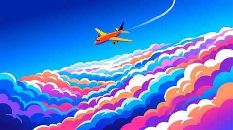 Minimal flat illustration of an airplane flying above the clouds, high-angle view from above, vivid colors, high contrast, energetic, 16:9 aspect ratio