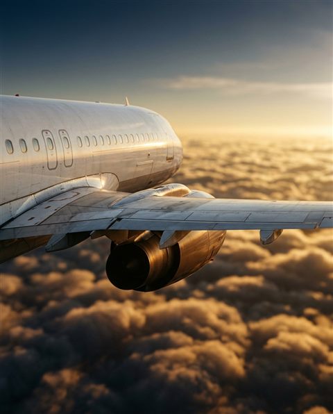 Cinematic film still of an airplane flying above the clouds, close-up detail with shallow depth of field, warm golden light, calm mood, 4:5 aspect ratio