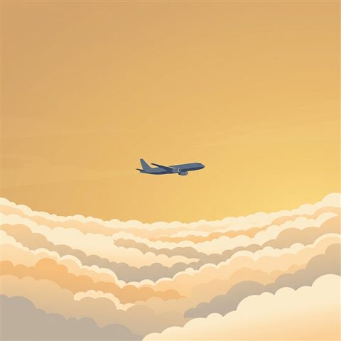 Minimal flat illustration of an airplane flying above the clouds, wide shot with open space at the top for text, warm golden light, calm mood, 1:1 aspect ratio
