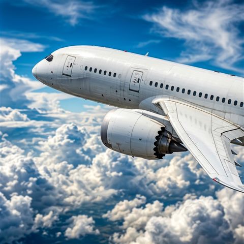 Photorealistic photo of an airplane flying above the clouds, close-up detail with shallow depth of field, vivid colors, high contrast, energetic, 1:1 aspect ratio