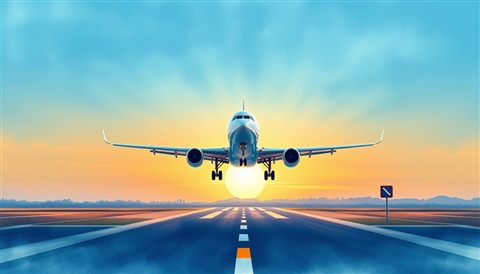 Watercolor illustration of A large passenger airplane taking off into a bright sunrise sky from a runway, wide shot with open space at the top for text, cool blue tones, quiet atmosphere, 16:9 aspect ratio