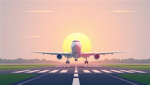 Minimal flat illustration of A large passenger airplane taking off into a bright sunrise sky from a runway, close-up detail with shallow depth of field, soft pastel colors, bright and cozy, 16:9 aspect ratio