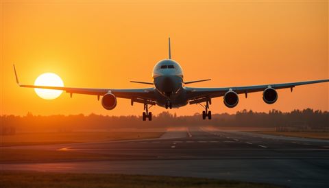 Photorealistic photo of A large passenger airplane taking off into a bright sunrise sky from a runway, close-up detail with shallow depth of field, warm golden light, calm mood, 16:9 aspect ratio