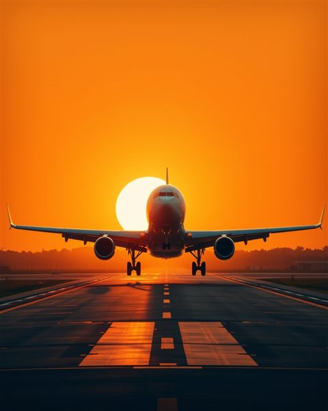 Cinematic film still of A large passenger airplane taking off into a bright sunrise sky from a runway, centered subject with a simple uncluttered composition, vivid colors, high contrast, energetic, 4:5 aspect ratio