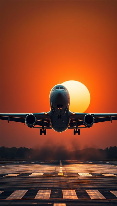 Photorealistic photo of A large passenger airplane taking off into a bright sunrise sky from a runway, wide shot with open space at the top for text, moody dark tones, dramatic lighting, 9:16 aspect ratio