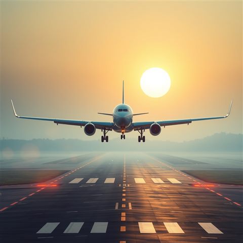 Soft 3D render of A large passenger airplane taking off into a bright sunrise sky from a runway, high-angle view from above, misty morning haze, dreamy, 1:1 aspect ratio