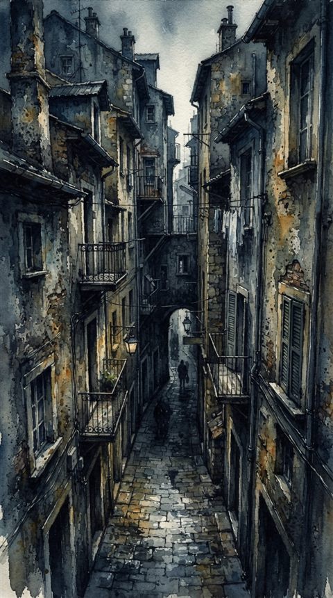 Watercolor illustration of narrow alley with old buildings, high-angle view from above, moody dark tones, dramatic lighting, 9:16 aspect ratio