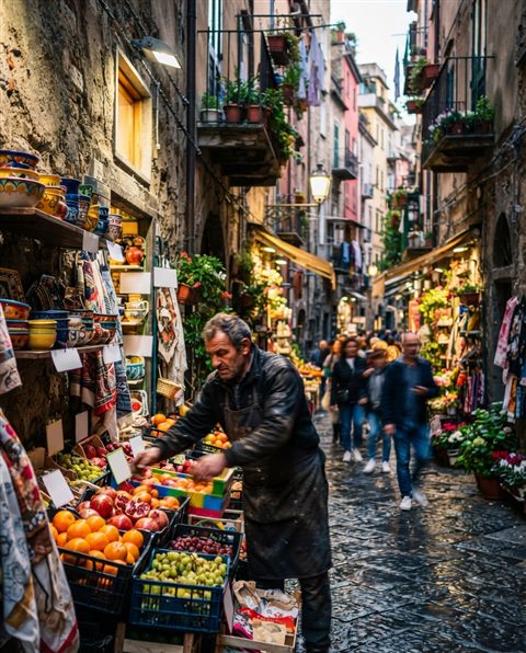 Cinematic film still of narrow alley with old buildings, close-up detail with shallow depth of field, vivid colors, high contrast, energetic, 4:5 aspect ratio
