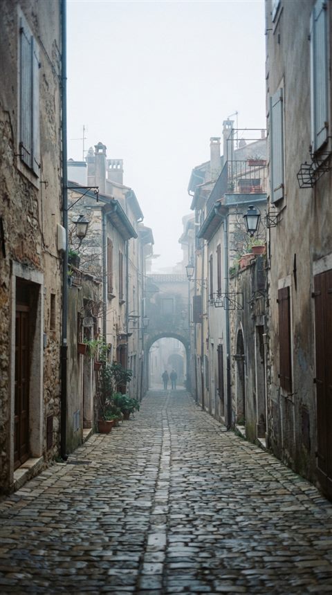 Cinematic film still of narrow alley with old buildings, wide shot with open space at the top for text, misty morning haze, dreamy, 9:16 aspect ratio