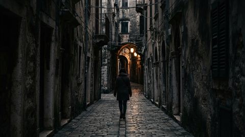 Photorealistic photo of narrow alley with old buildings, centered subject with a simple uncluttered composition, moody dark tones, dramatic lighting, 16:9 aspect ratio