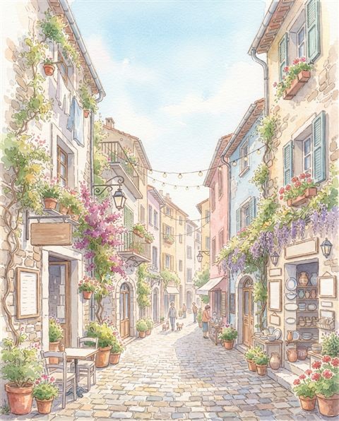Watercolor illustration of narrow alley with old buildings, wide shot with open space at the top for text, soft pastel colors, bright and cozy, 4:5 aspect ratio