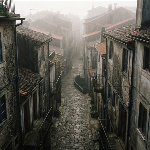 Photorealistic photo of narrow alley with old buildings, high-angle view from above, misty morning haze, dreamy, 1:1 aspect ratio