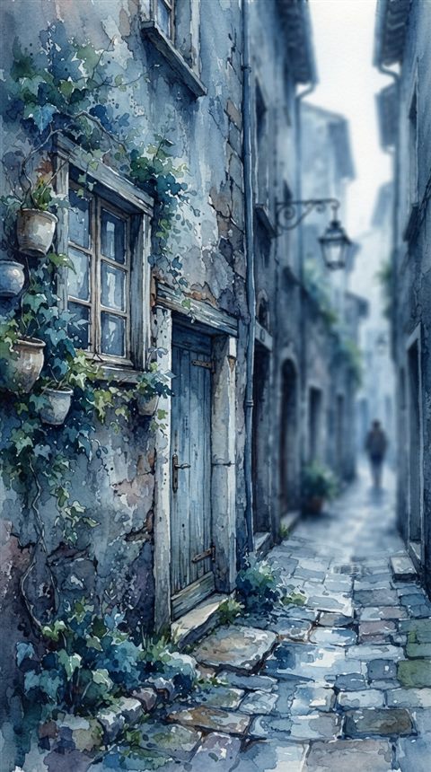 Watercolor illustration of narrow alley with old buildings, close-up detail with shallow depth of field, cool blue tones, quiet atmosphere, 9:16 aspect ratio