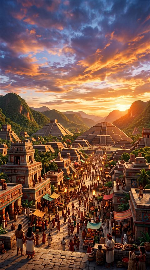 Cinematic film still of ancient city with temples and pyramids, wide shot with open space at the top for text, vivid colors, high contrast, energetic, 9:16 aspect ratio