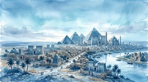Watercolor illustration of ancient city with temples and pyramids, wide shot with open space at the top for text, cool blue tones, quiet atmosphere, 16:9 aspect ratio