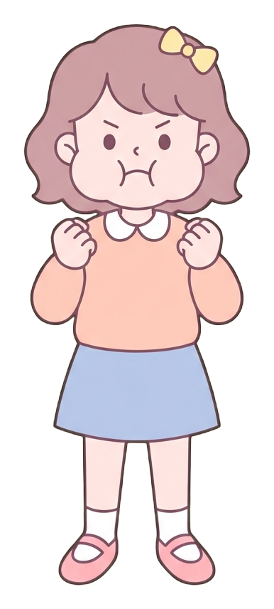 Simple cute flat cartoon illustration with soft pastel colors and thin clean dark outlines of a young woman, angry person with puffed cheeks and clenched fists, transparent background PNG